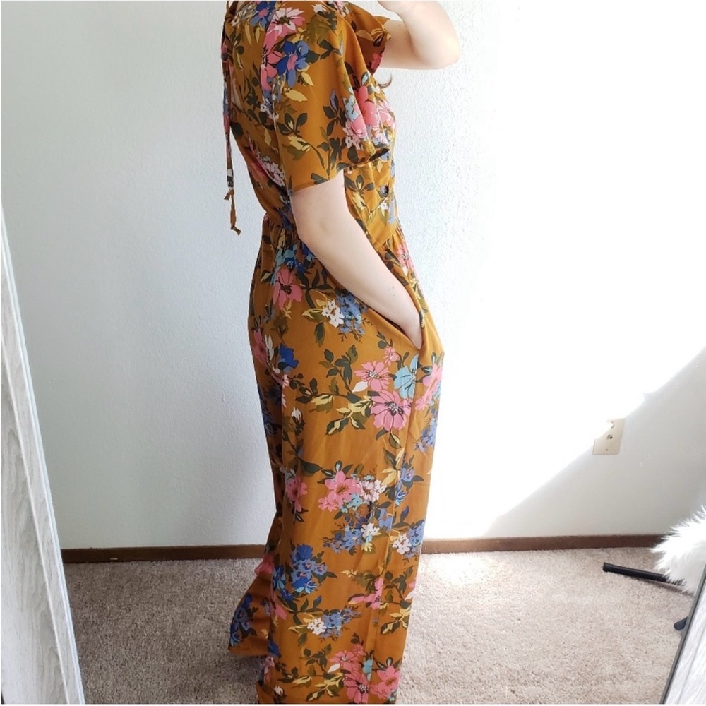 Band of Gypsies Mustard Floral Wrap Jumpsuit - Picture 4 of 5